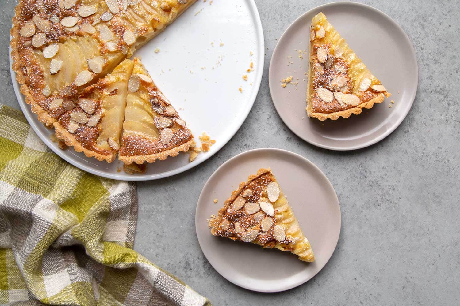 Pear Frangipane Tart. Buttery shortbread crust baked with almond frangipane filling and sliced pears.