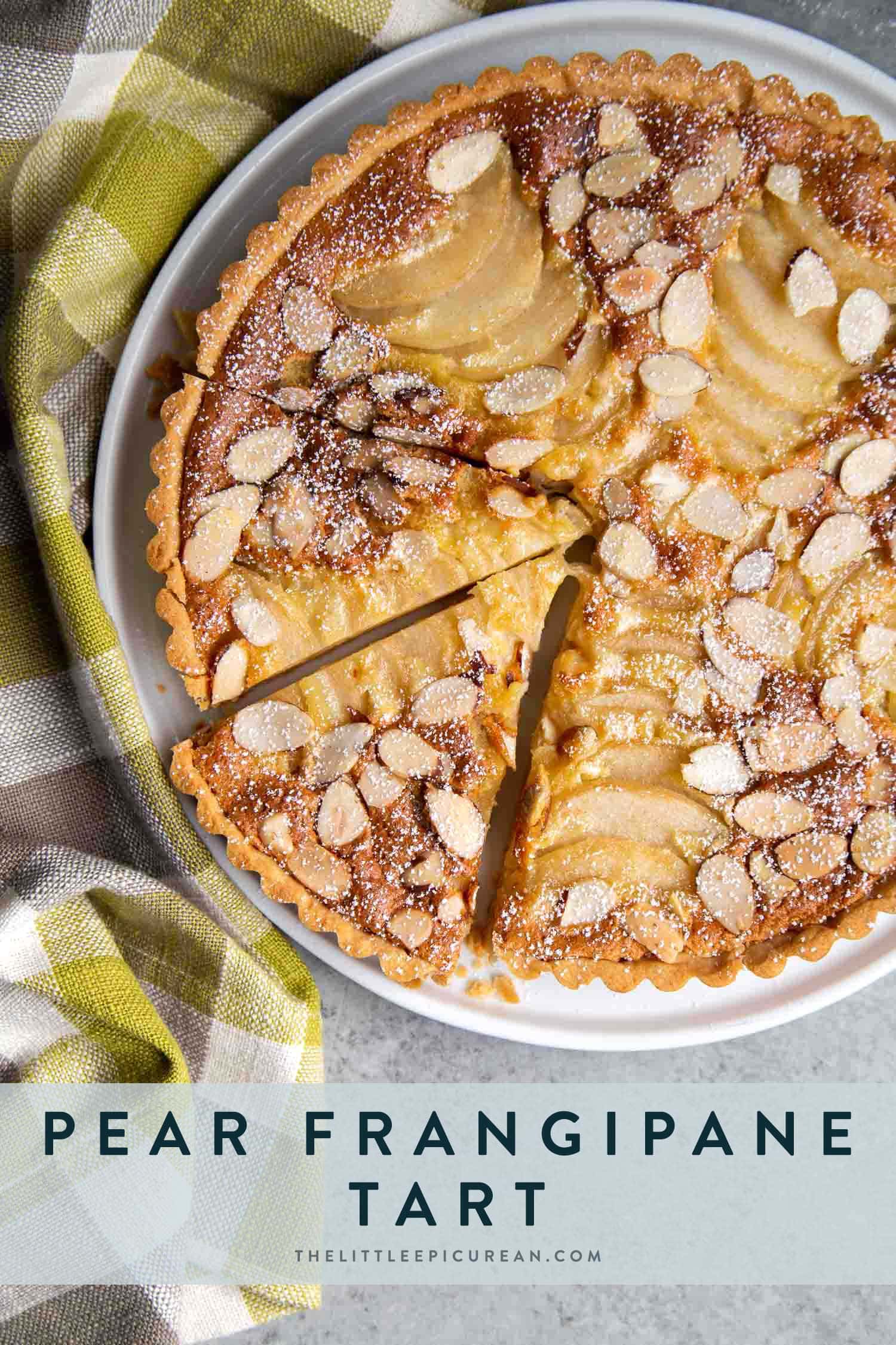 Pear Frangipane Tart. Buttery shortbread crust baked with almond frangipane filling and sliced pears.