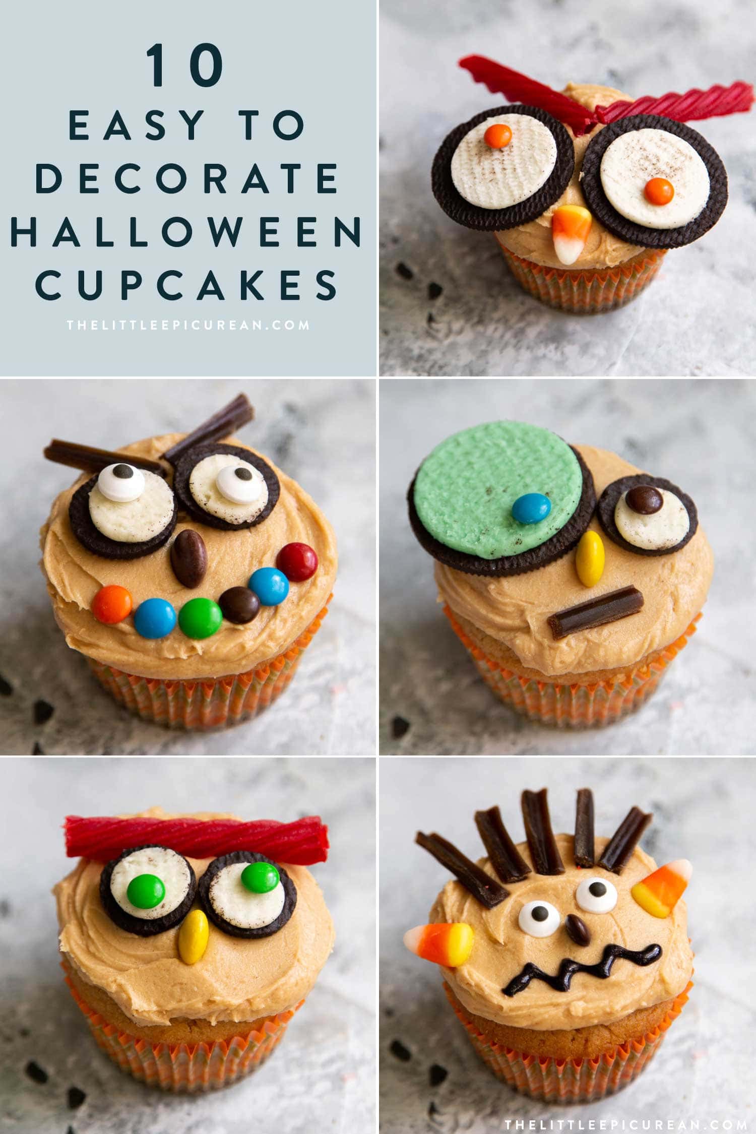 10 Easy to Decorate Halloween Cupcakes. Use your favorite cupcake and frosting recipe. Then, decorate Halloween cupcakes using a handful of store-bought candies. 