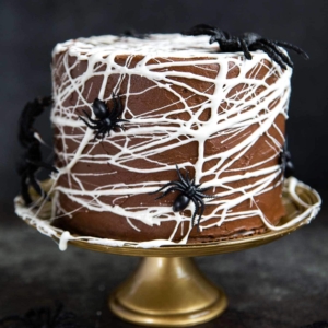 Chocolate Spider Web Cake. Three layer chocolate cake frosted with simple chocolate buttercream and decorated with marshmallow spider webs. It's the perfect Halloween treat!