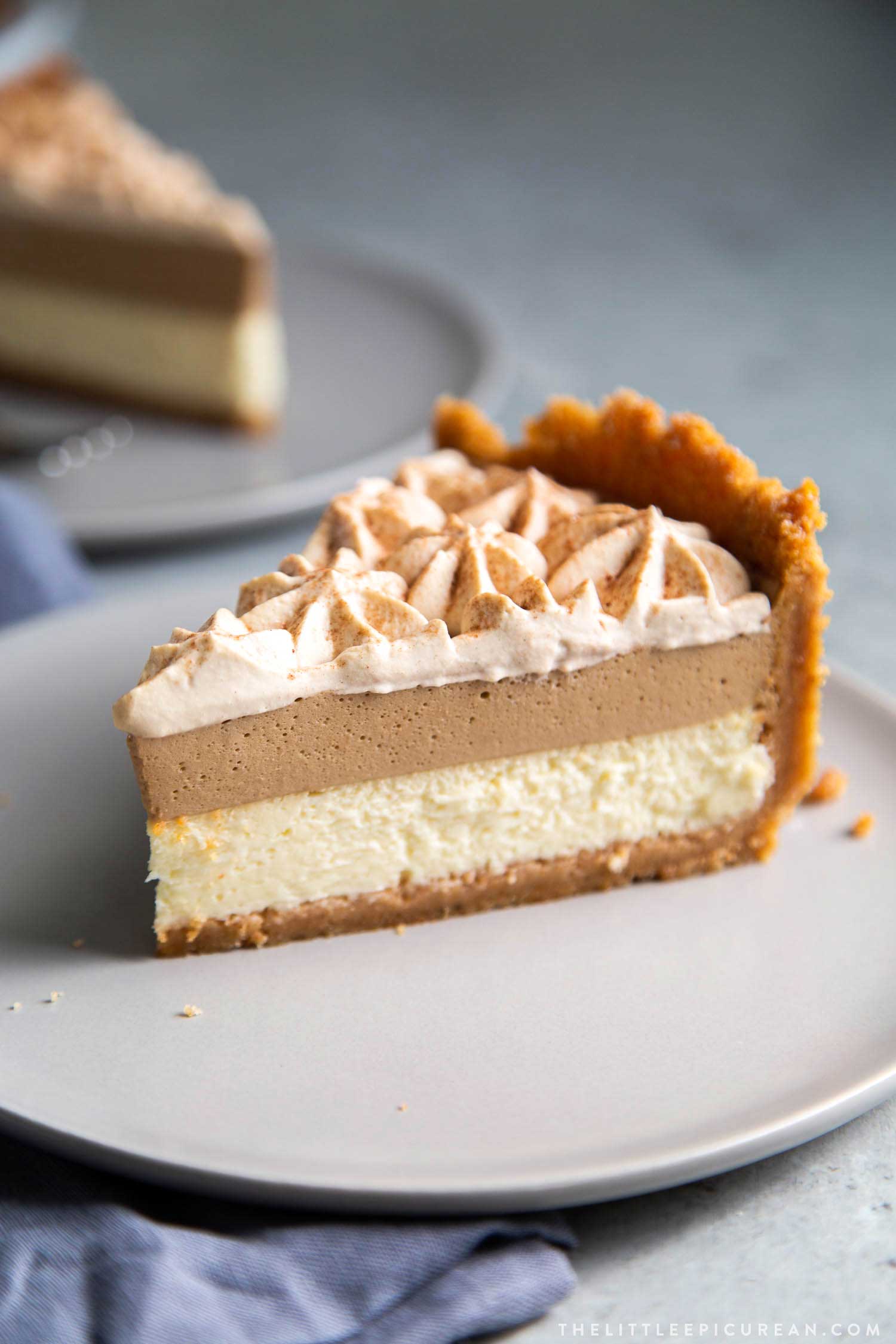 Coffee Mousse Cheesecake. Graham cracker crust, silky cheesecake layer topped with coffee mousse and whipped cream.