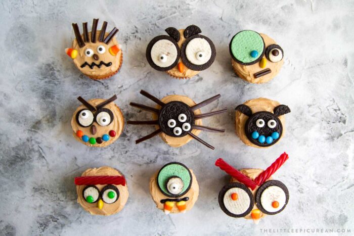 Easy to decorate Halloween cupcakes using a variety of store-bought cookies and candies.