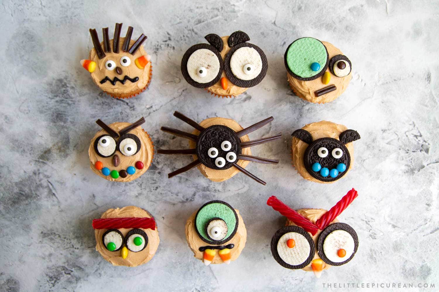 Easy to decorate Halloween cupcakes using a variety of store-bought cookies and candies. Use your favorite cupcake recipe, or try the peanut butter cupcakes with peanut butter frosting in this post.