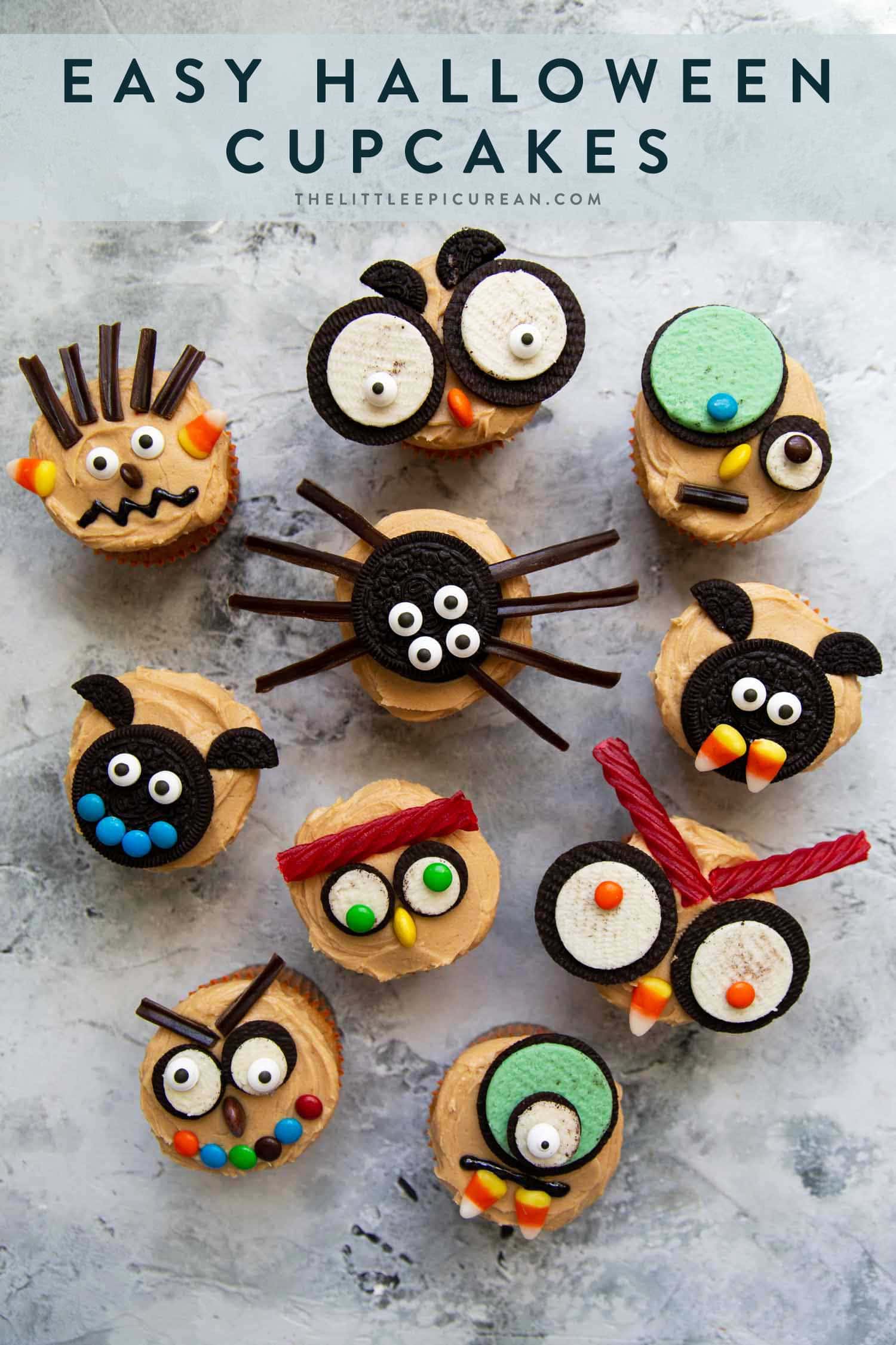 Easy to decorate Halloween cupcakes using a variety of store-bought cookies and candies. Use your favorite cupcake recipe, or try the peanut butter cupcakes with peanut butter frosting in this post.