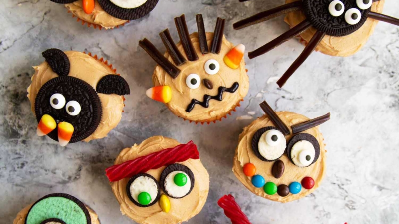 Easy to decorate Halloween cupcakes using a variety of store-bought cookies and candies. Use your favorite cupcake recipe, or try the peanut butter cupcakes with peanut butter frosting in this post.