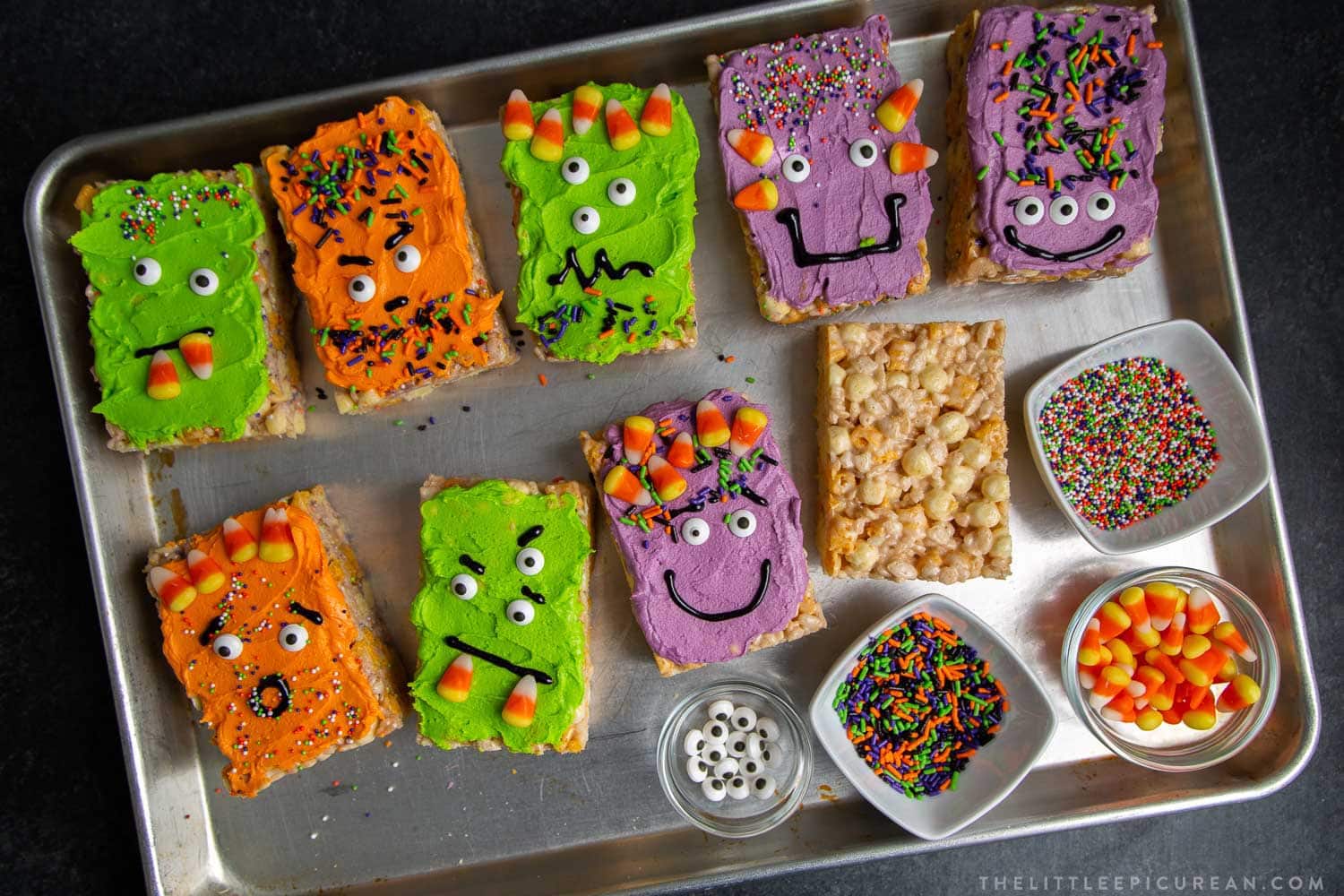 Monster Marshmallow Cereal Treats. Brown butter cereal treats frosted with buttercream and decorated with candies. It's a fun project to do with kids this Halloween!