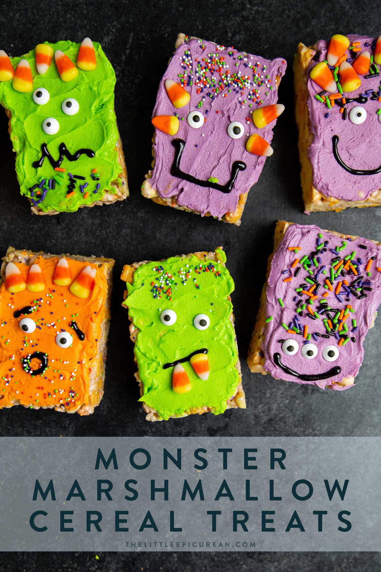 Monster Marshmallow Cereal Treats. Brown butter cereal treats frosted with buttercream and decorated with candies. It's a fun project to do with kids this Halloween!