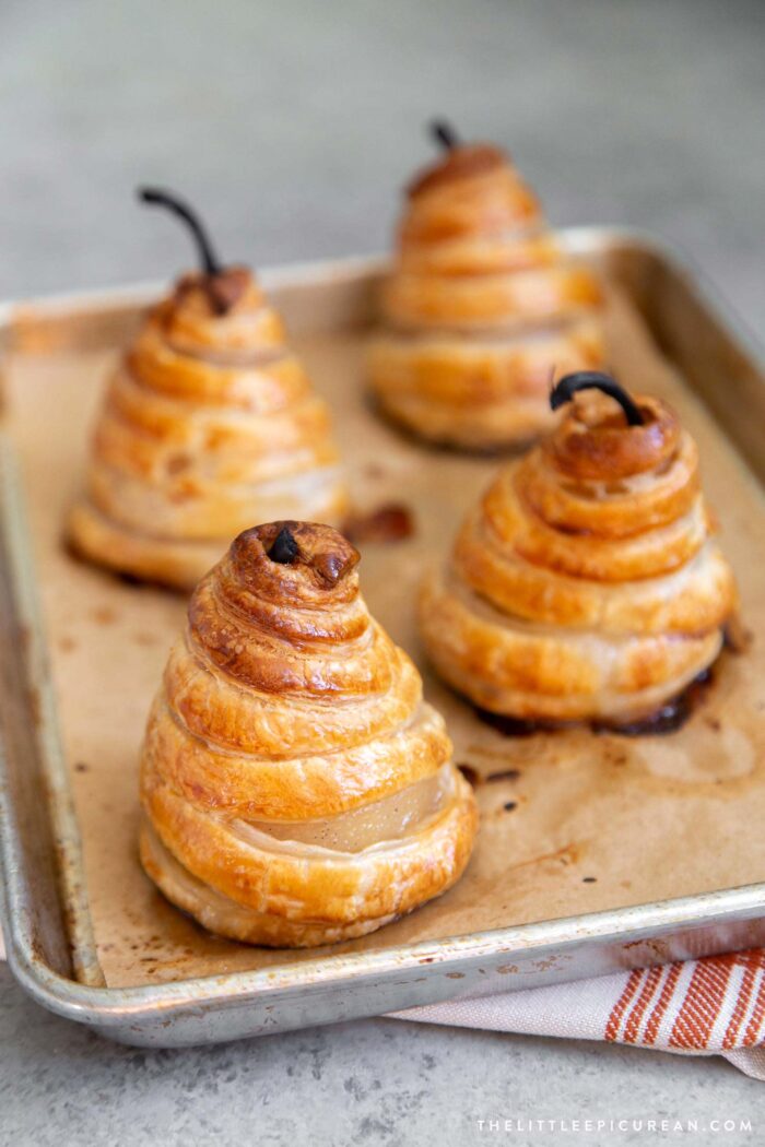 Poached pears baked in puff pastry.