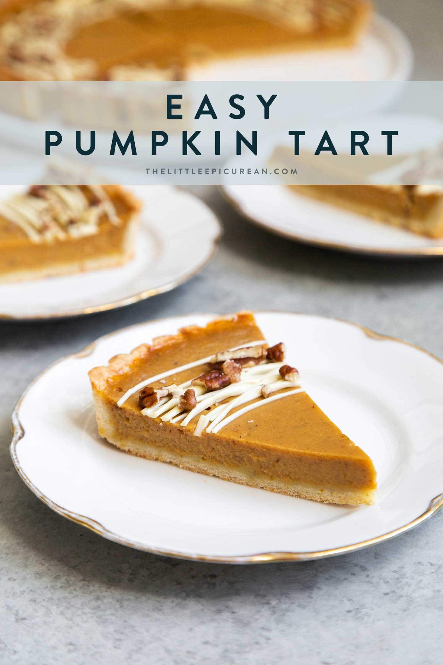 Easy Pumpkin Tart. Tart shell is made with a buttery shortbread crust. The one bowl pumpkin filling is a breeze to a make. It's decorated with melted white chocolate and chopped pecans. #pumpkin #pumpkintart #piesandtarts #dessert #thanksgiving