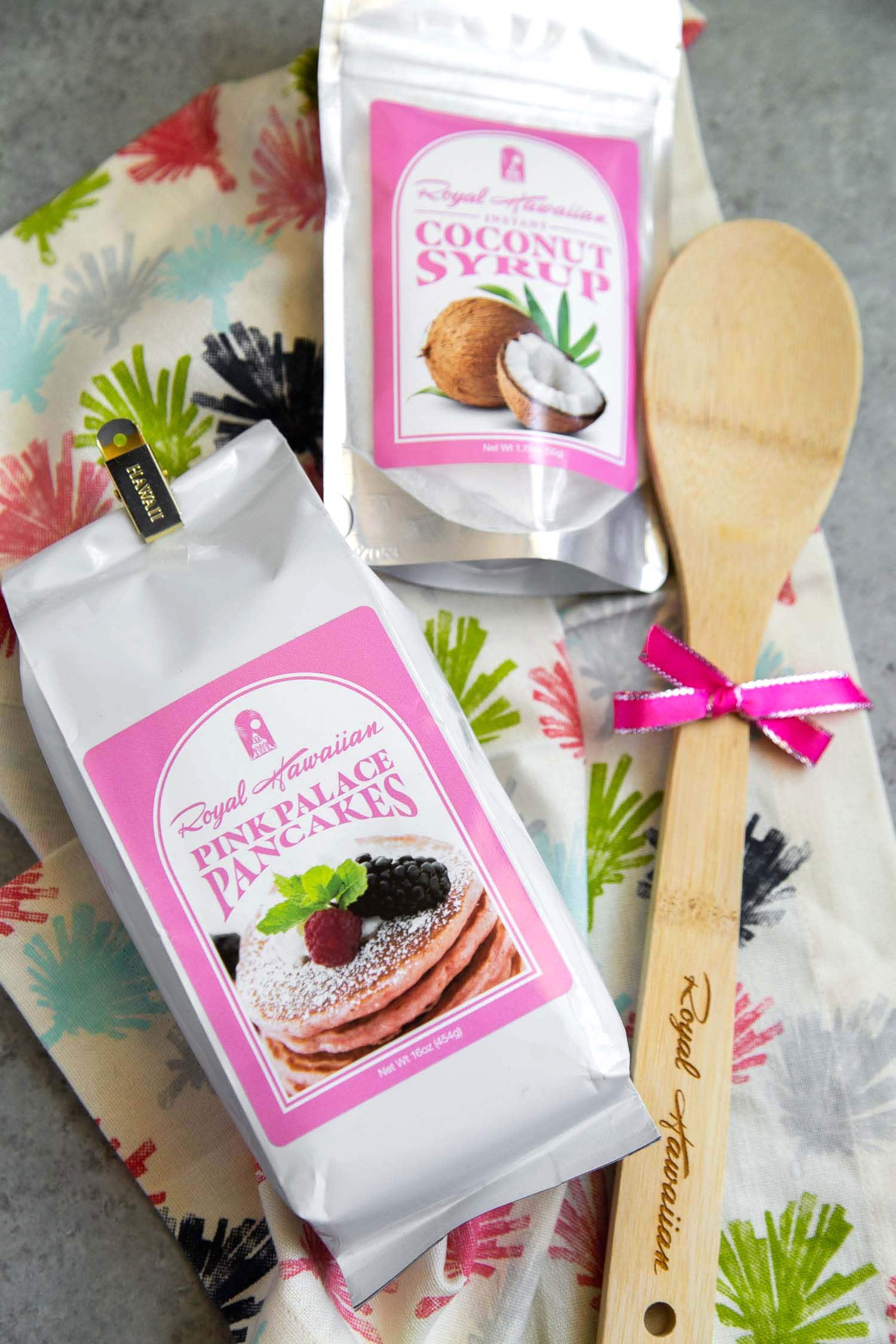 Royal Hawaiian sells Pink Palace Pancake Mix and Coconut Syrup Packet at the hotel bakery