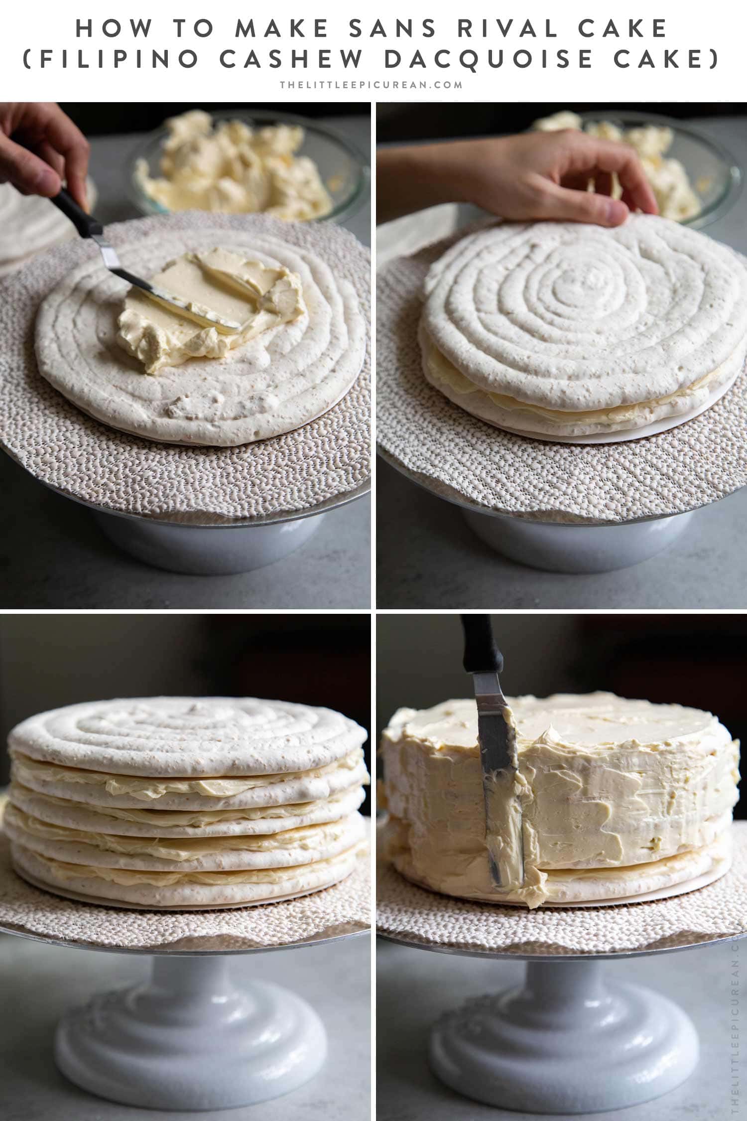 How to assemble Sans Rival Cake (Filipino Cashew Dacquoise Cake). This cake layers together cashew meringue and French buttercream. #sansrival #cake #cashews #filipino #filipinocake #filipinodessert #layercake