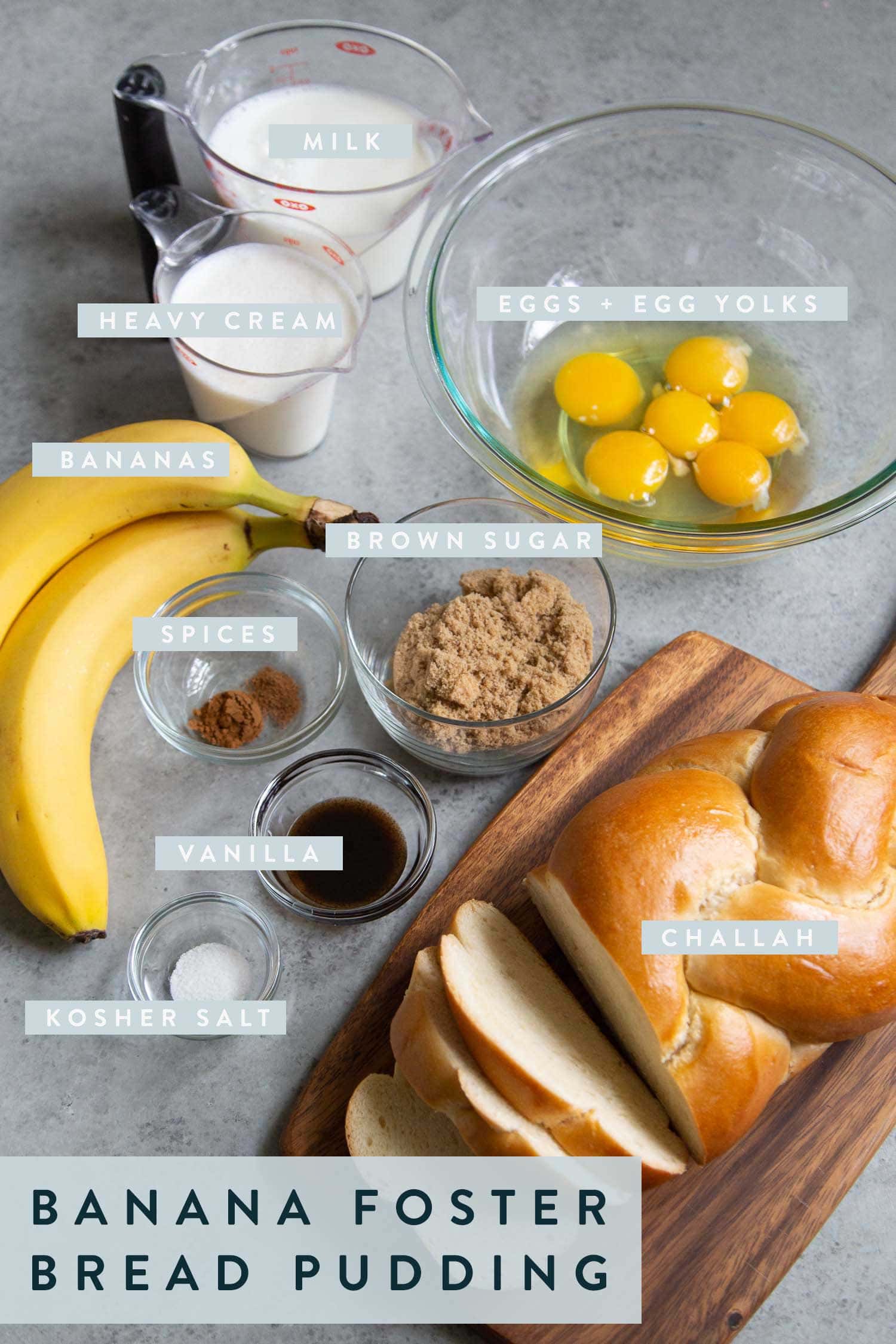 Ingredients needed for Banana Foster Bread Pudding