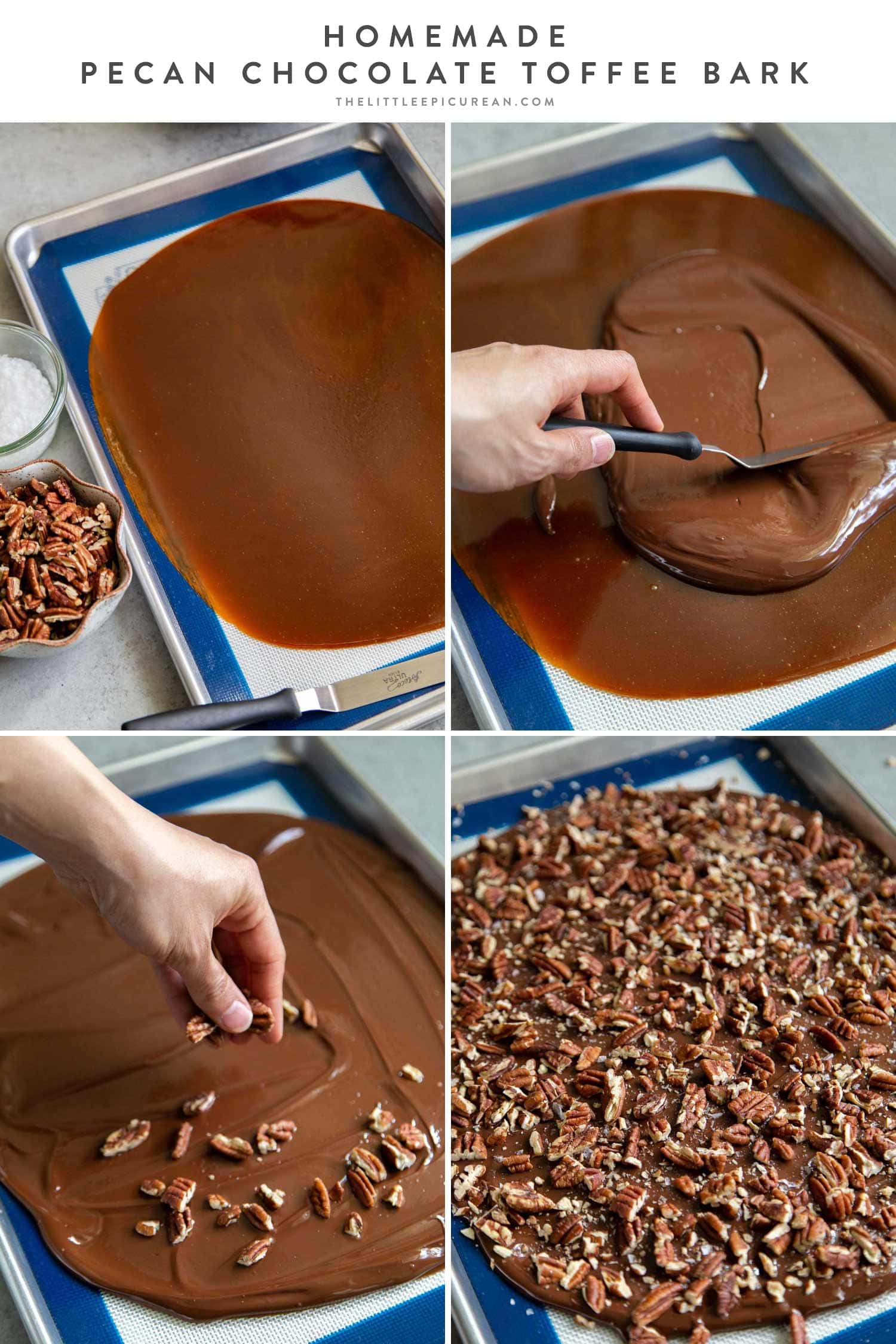 How to make Homemade Pecan Chocolate Toffee Bark. Use this easy recipe to make holiday gifts for family and friends. #chocolate #candymaking #homemadetoffee #toffee