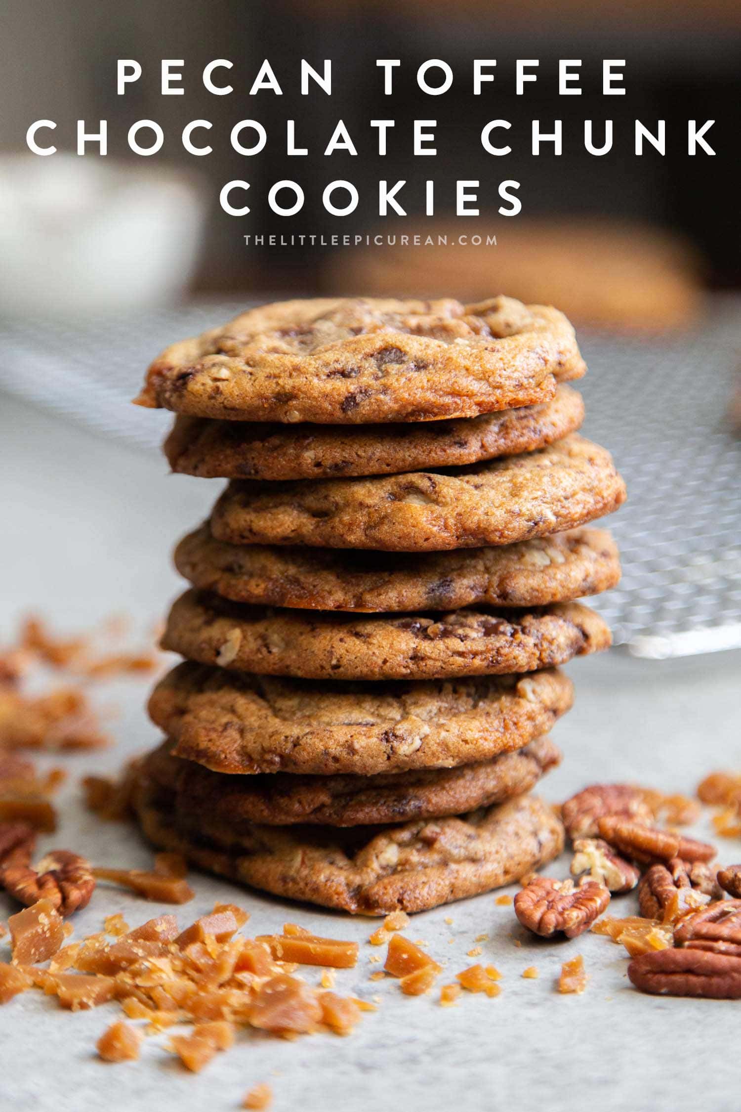 Pecan Toffee Chocolate Chunk Cookies. These soft and chewy cookies are loaded with flavor. They remain chewy even days after baking! #cookies #holidaycookies #cookieexchange #recipe #chocolate #toffee #dessert