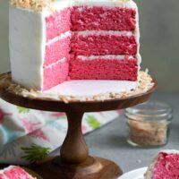 Pink Coconut Layer Cake. Cake made using Pink Palace Pancake Mix.