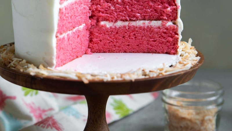 Pink Coconut Layer Cake. Cake made using Pink Palace Pancake Mix.