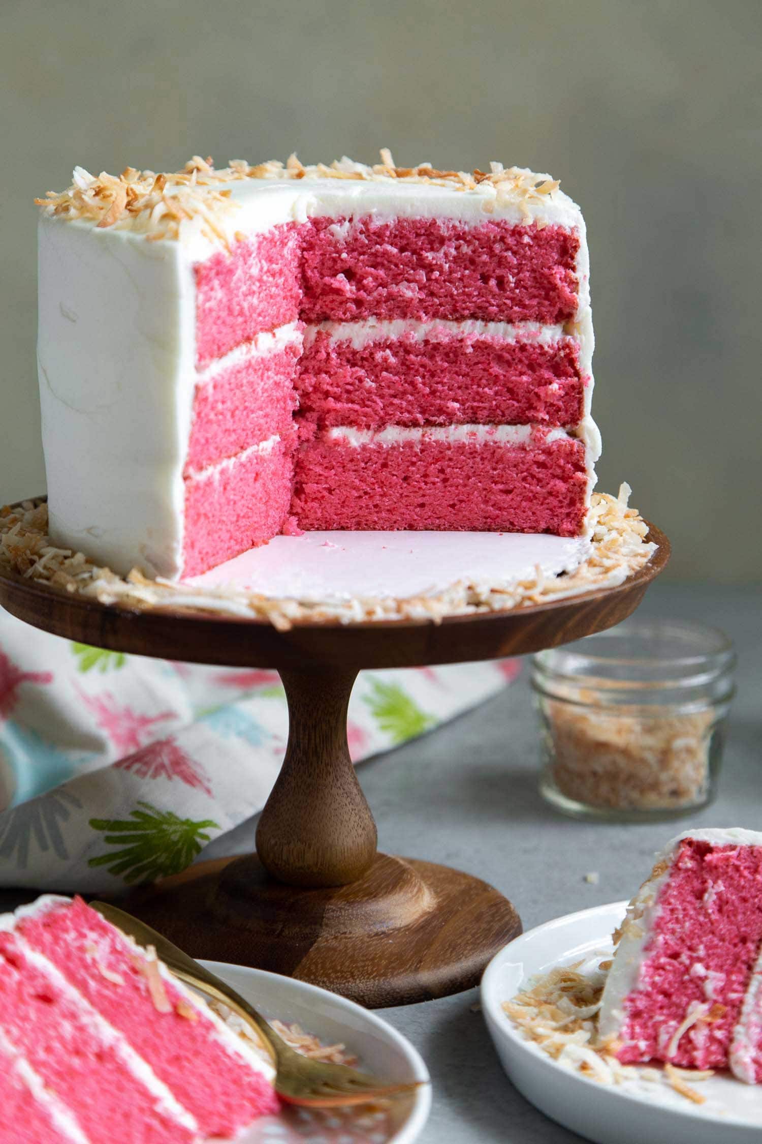Pink Coconut Layer Cake. Cake made using Pink Palace Pancake Mix.
