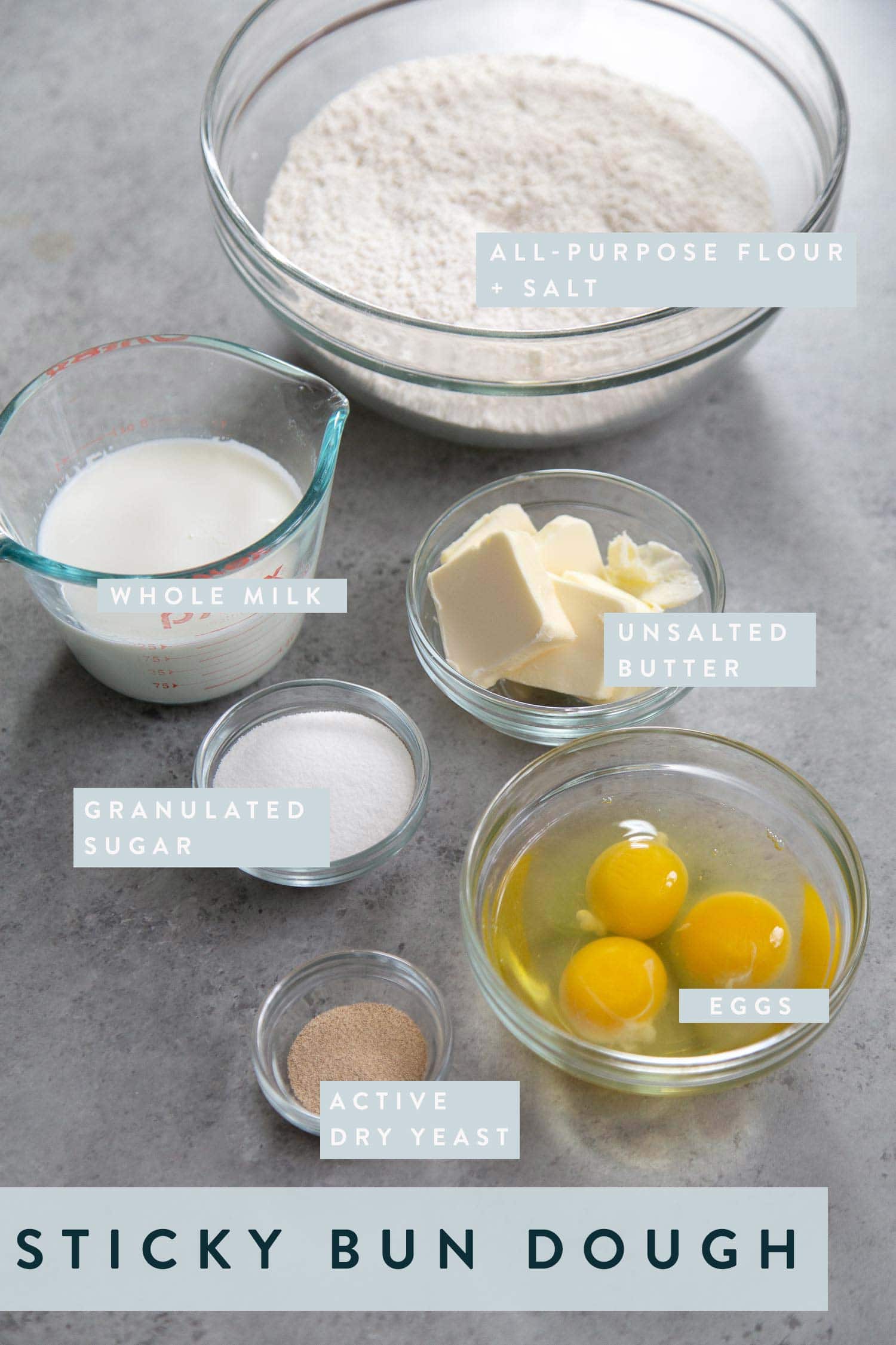 Ingredients to make yeasted dough for Toffee Sticky Buns. 