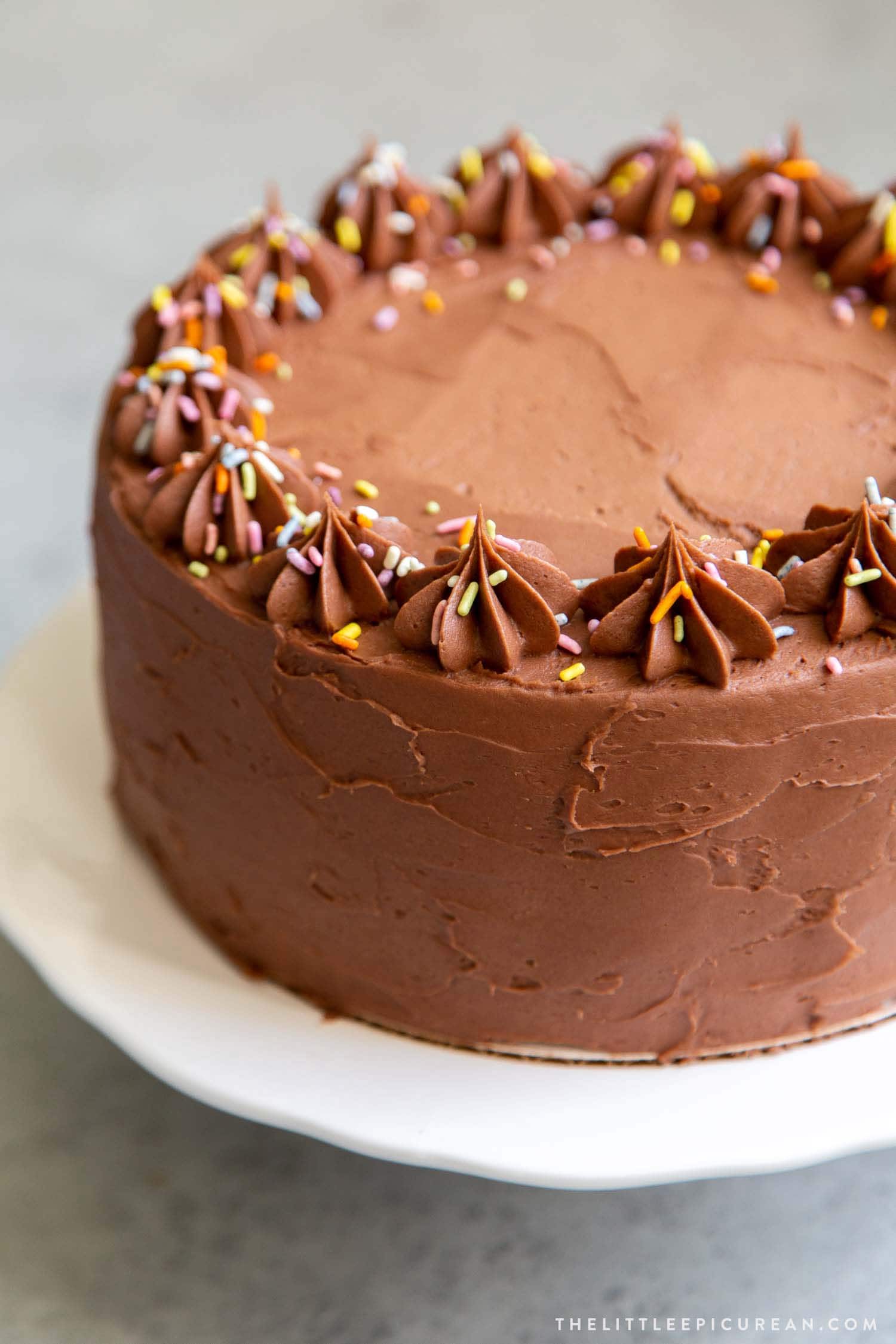 Classic Chocolate Cake with simple chocolate American buttercream topped with rainbow sprinkles