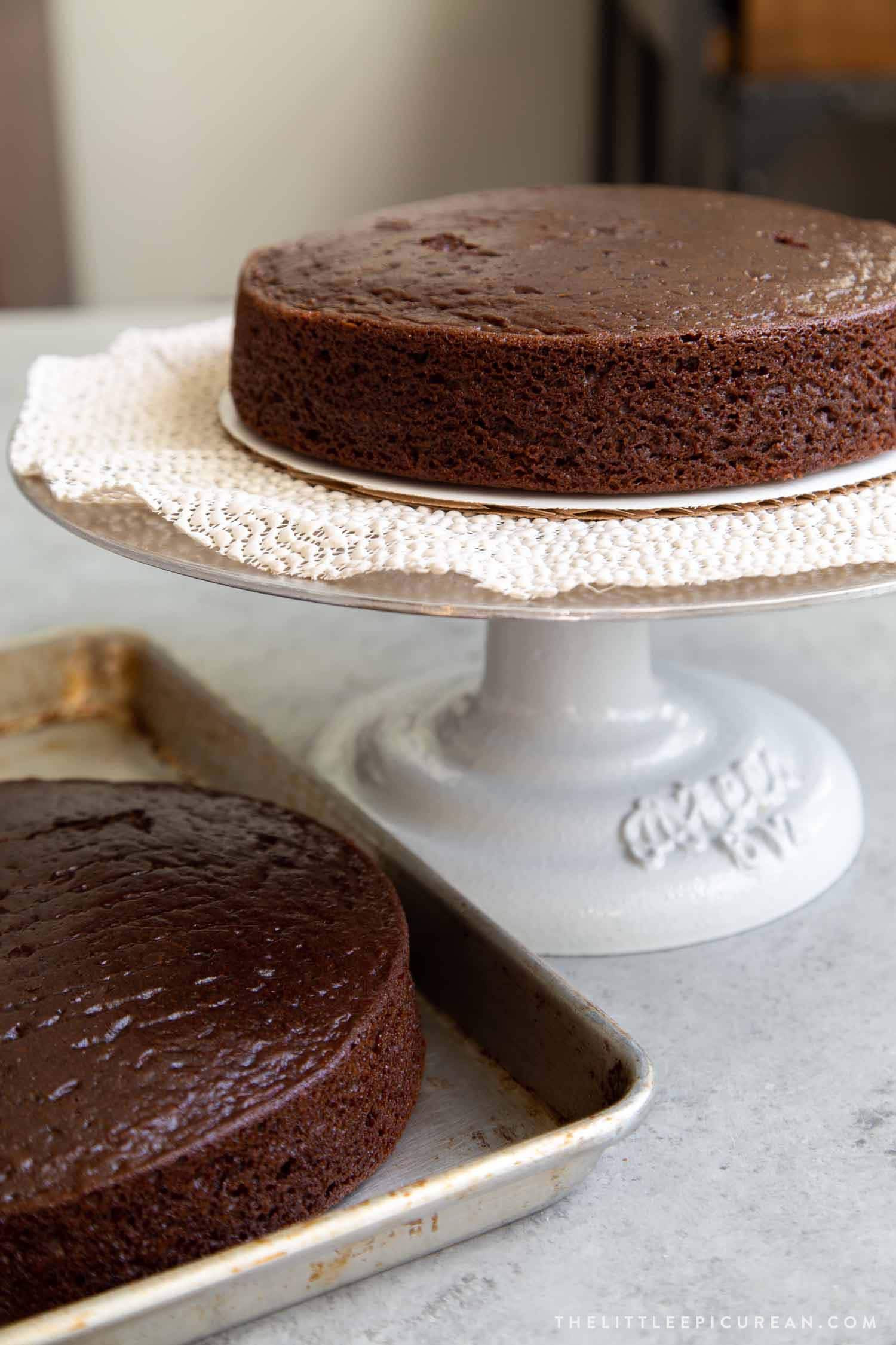 This classic chocolate cake recipe makes two 8-inch cake layers or three 6-inch cake layers. The cake layer bake flat.