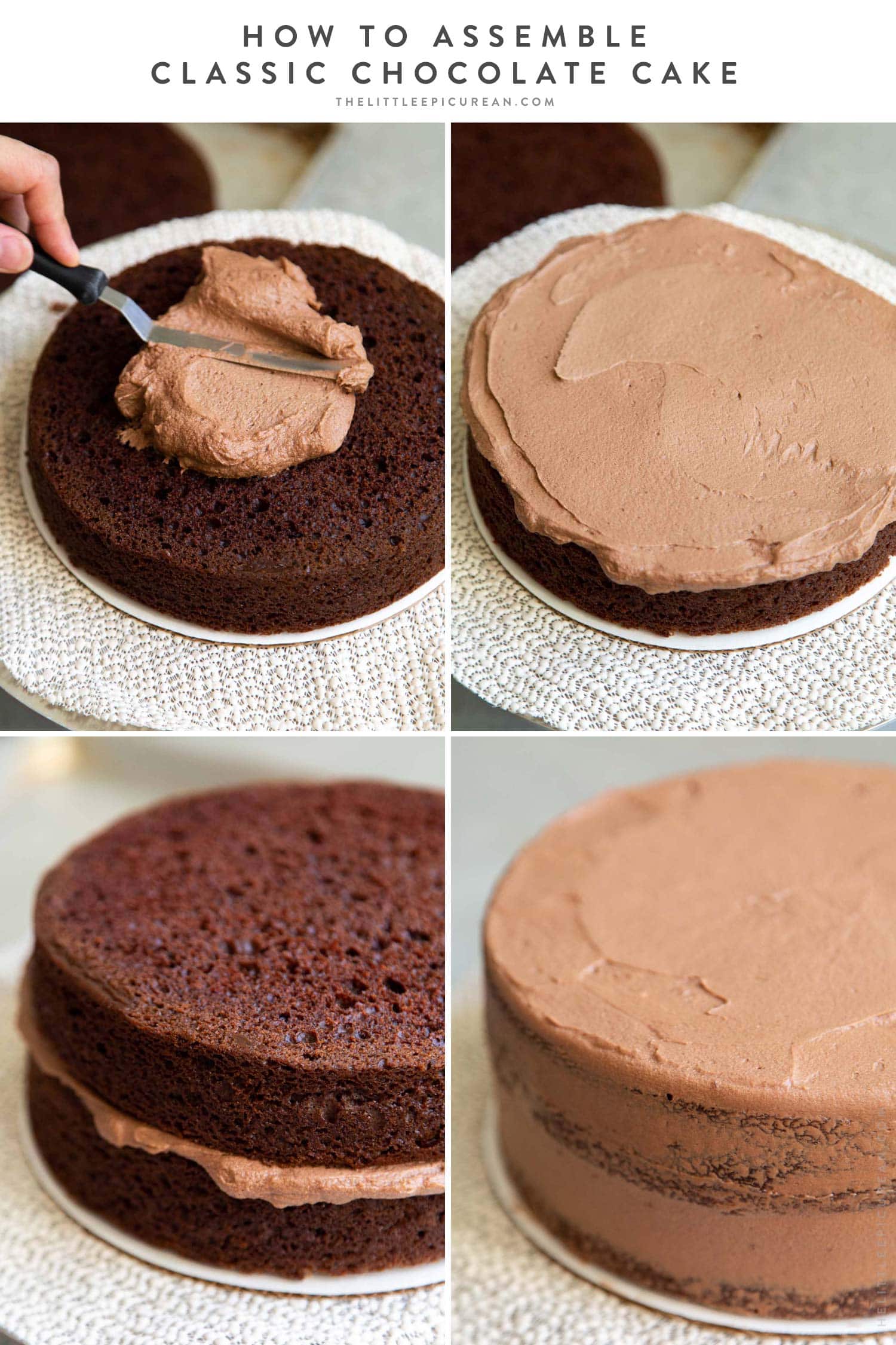 How to assemble classic chocolate cake. Two layer 8-inch cake with simple chocolate American buttercream.