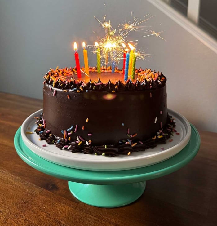 chocolate birthday cake topped with sprinkles and candles on cake stand.