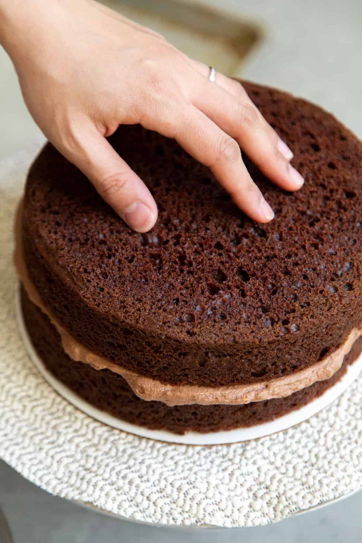 stack chocolate cake over buttercream layer.