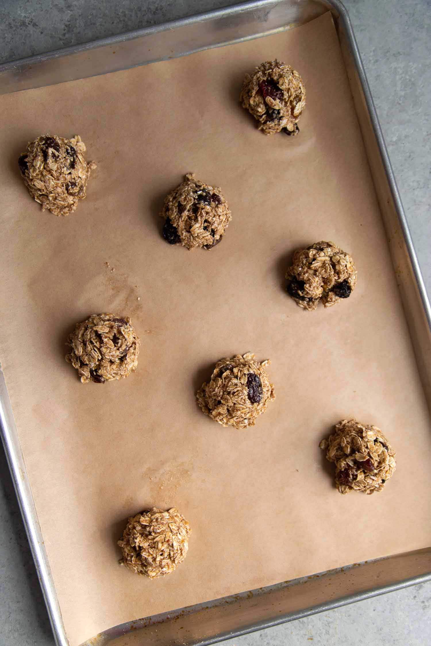 Vegan oatmeal raisin cookie dough made with gluten free oat flour, flaxseed egg, and coconut oil