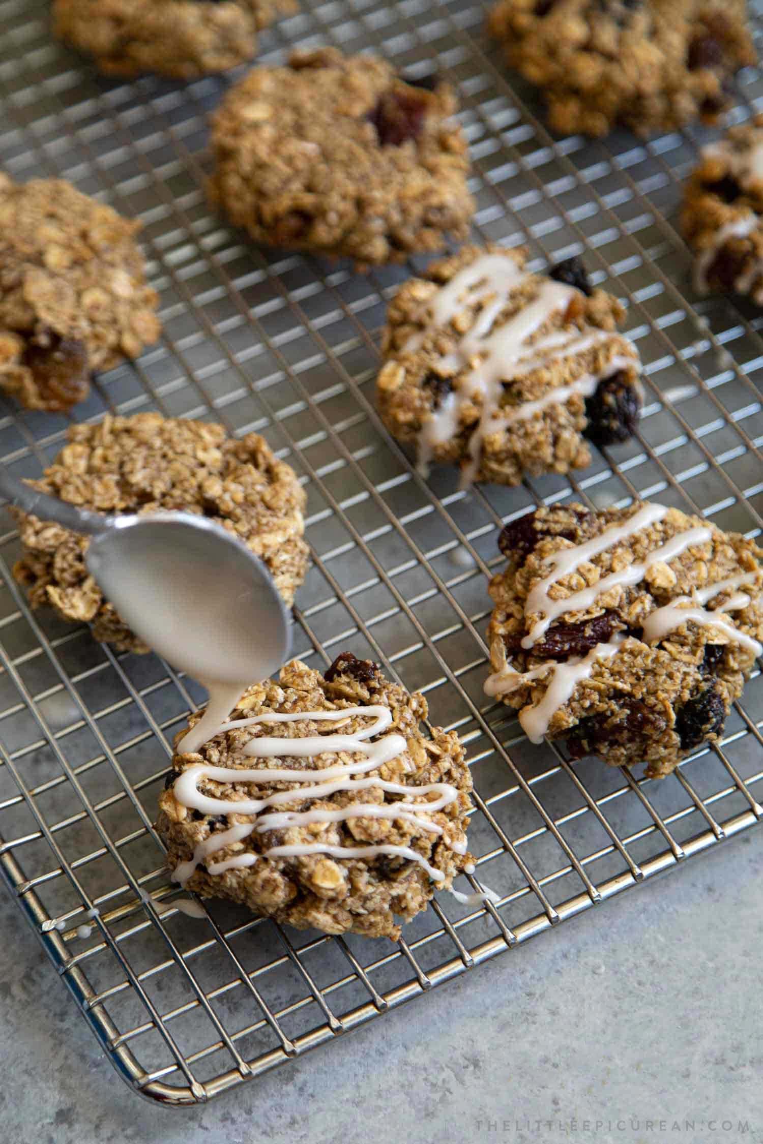 Vegan Oatmeal Raisin Cookies with maple glaze