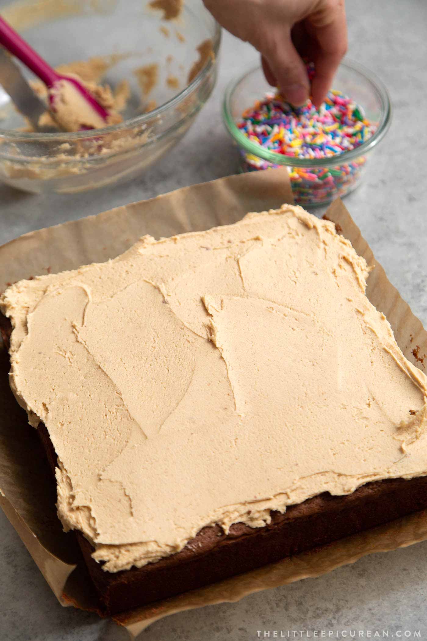 Chocolate Butter Mochi Cake with Peanut Butter Frosting