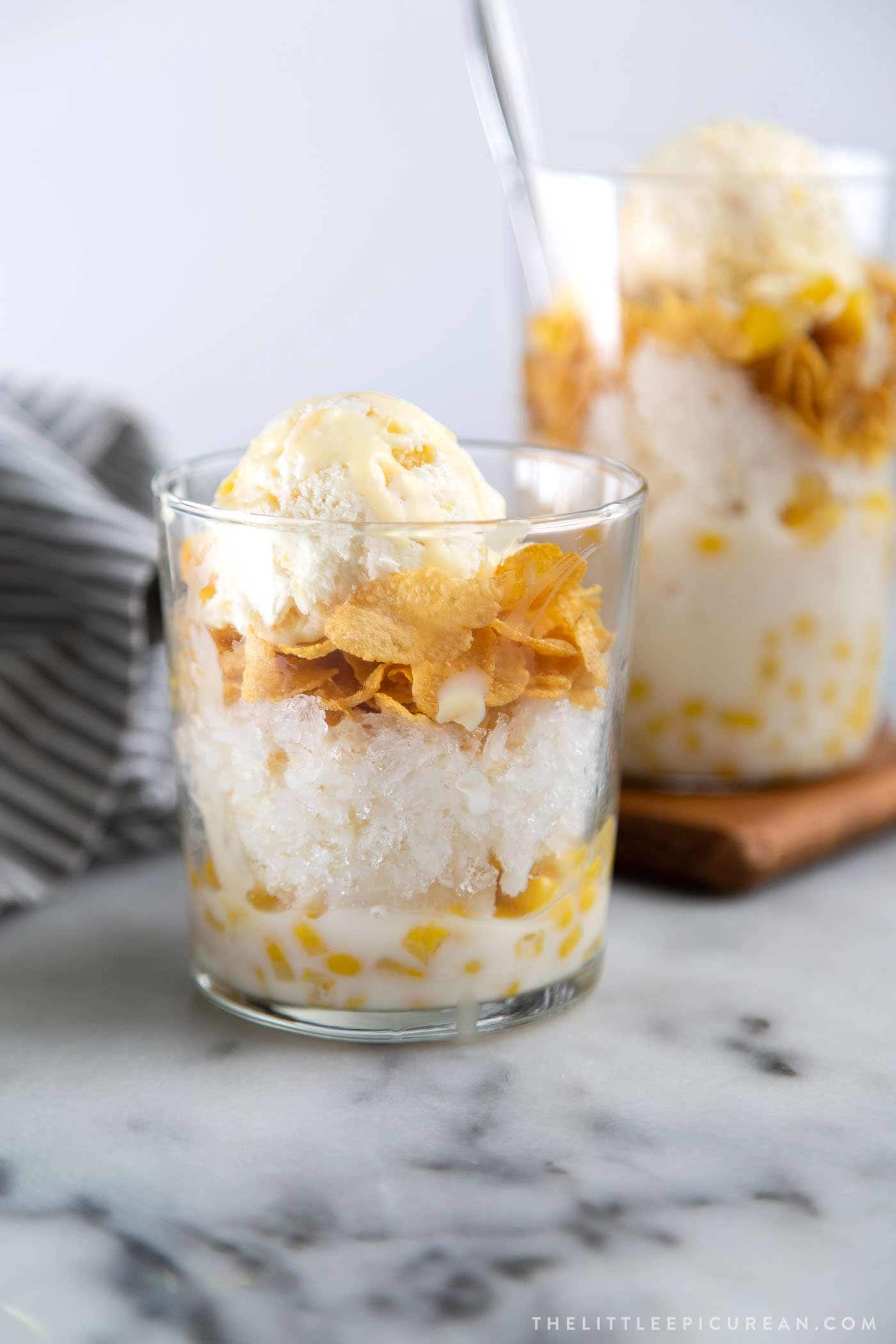 Filipino Mais Con Yelo layered dessert featuring corn ice cream and sweetened shaved ice