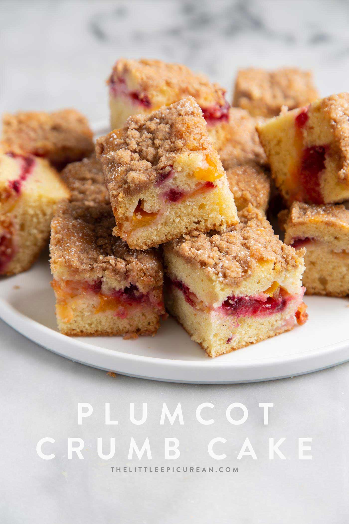 Plumcot Crumb Cake featuring vanilla cake with sliced plumcots and spiced crumble topping