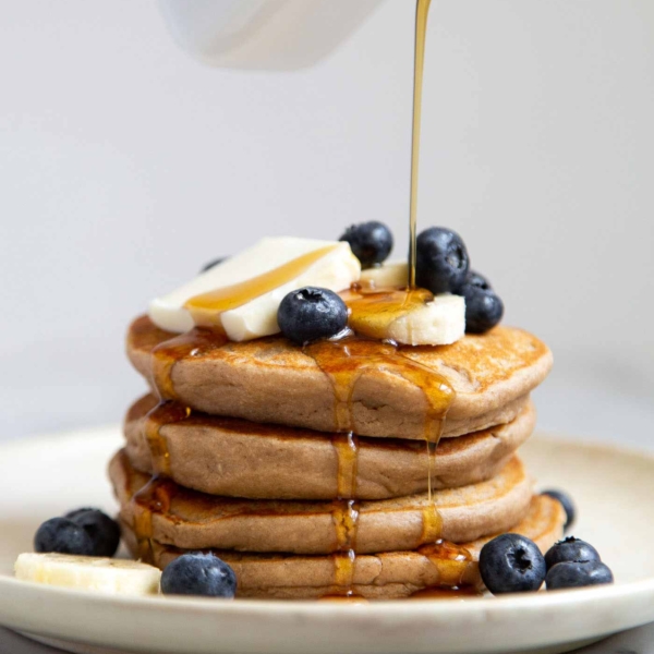Gluten-free protein pancakes made with oat flour and protein powder