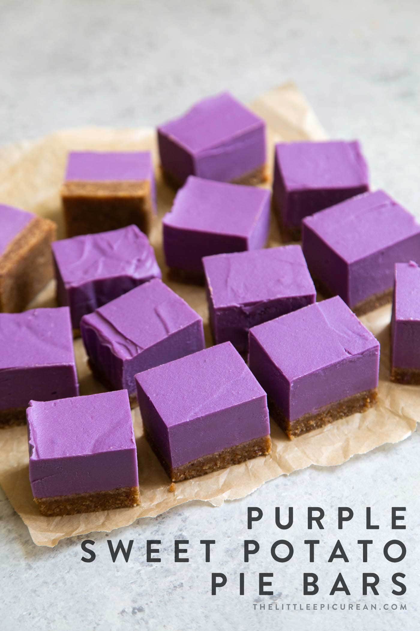 Vegan Purple Sweet Potato Pie Bars with almond butter crust.