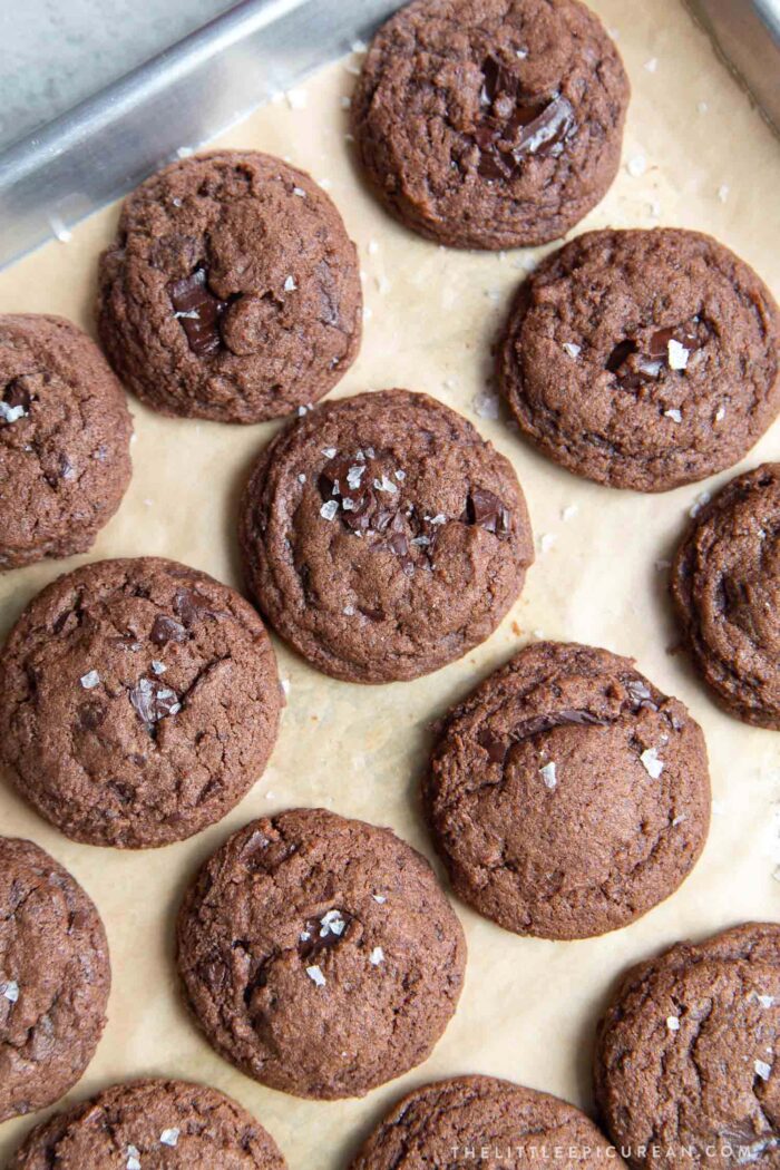 Double Chocolate Chip Cookies with sea salt flakes