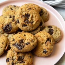 Chocolate Chip Banana Cookies on pink plate.