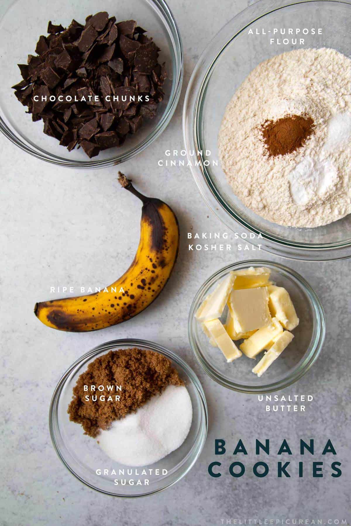 layout of ingredients for banana chocolate chip cookies.