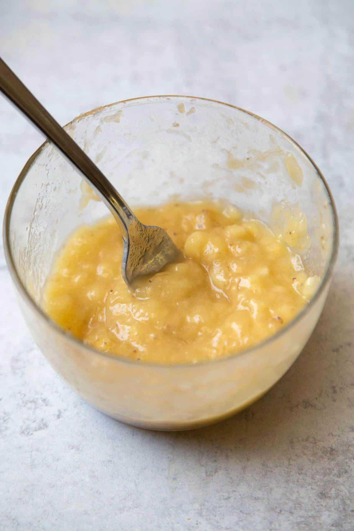 bowl of mashed bananas for banana cookies.