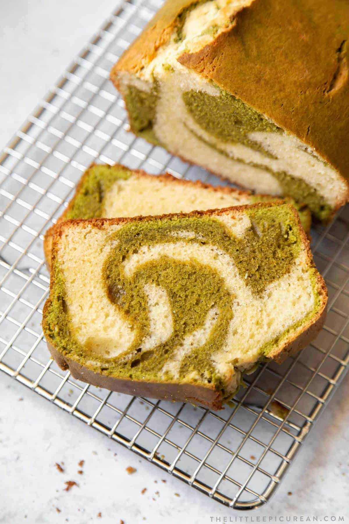 Matcha Marble Pound Cake slices on wire rack. 