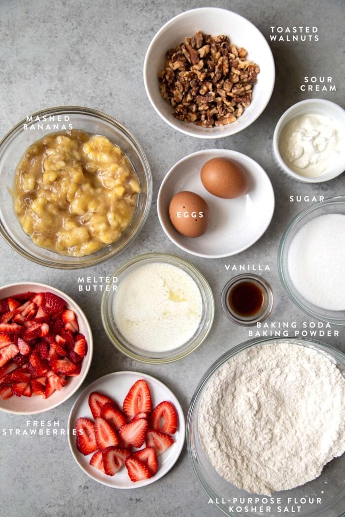 overhead of strawberry banana bread ingredients