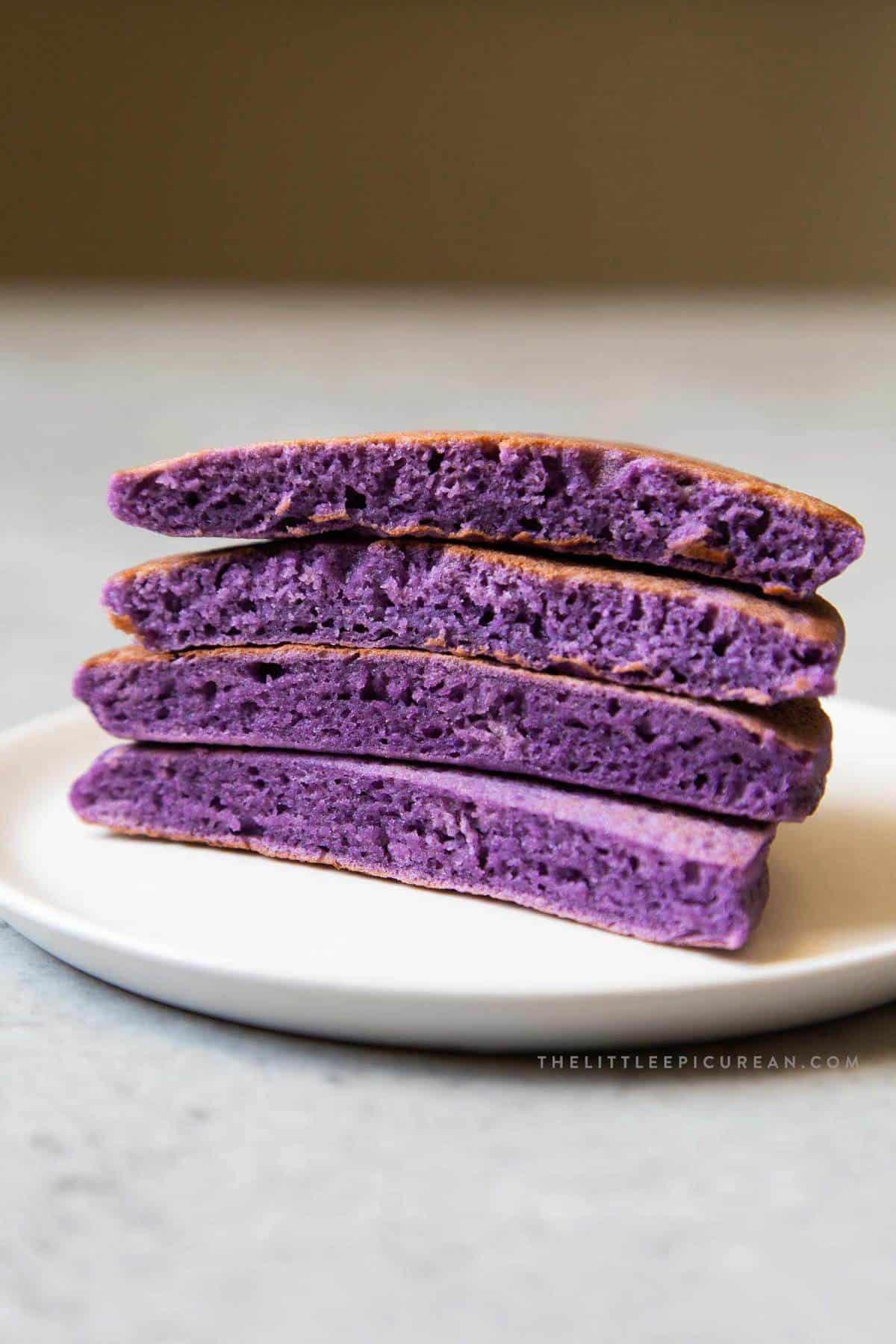 fluffy interior of ube pancakes 