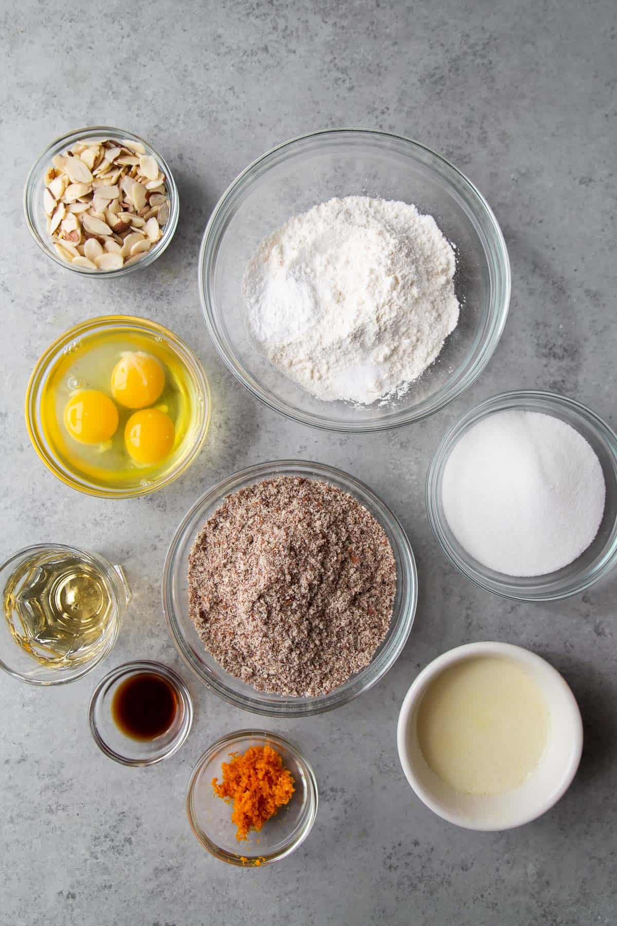 overhead shot of ingredients needed for orange almond tea cake