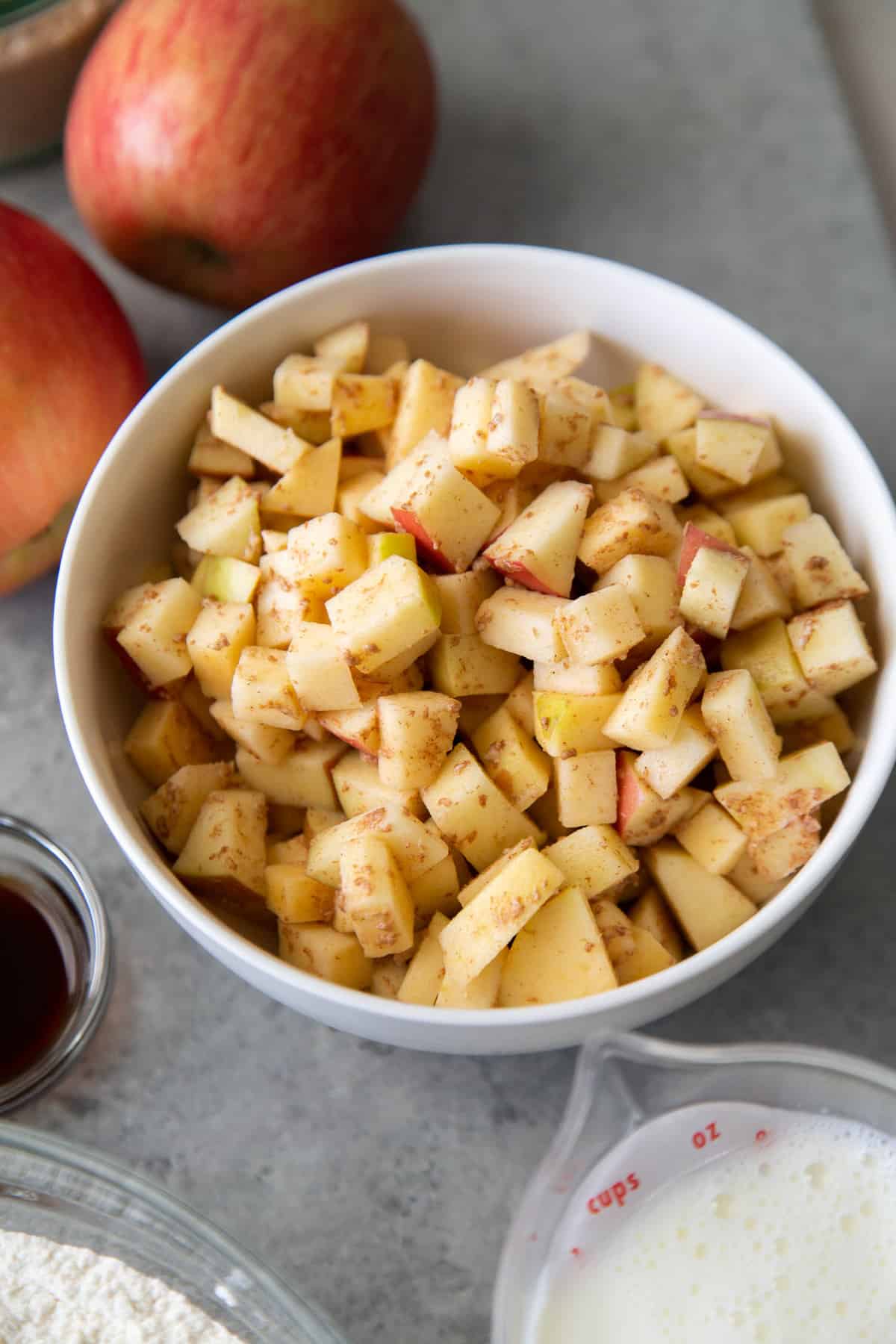 diced Fuji apples tossed in flour and ground cinnamon