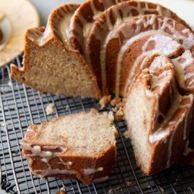 banana bundt cake slices on wire rack