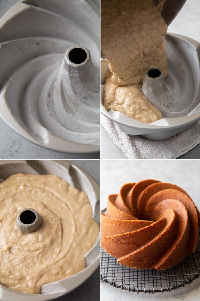 step by step images how to prepare bundt cake pan for cake batter