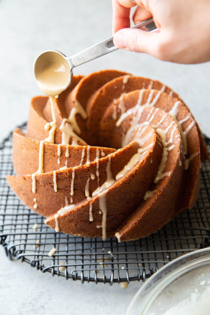 drizzle brown sugar glaze over banana bundt cake