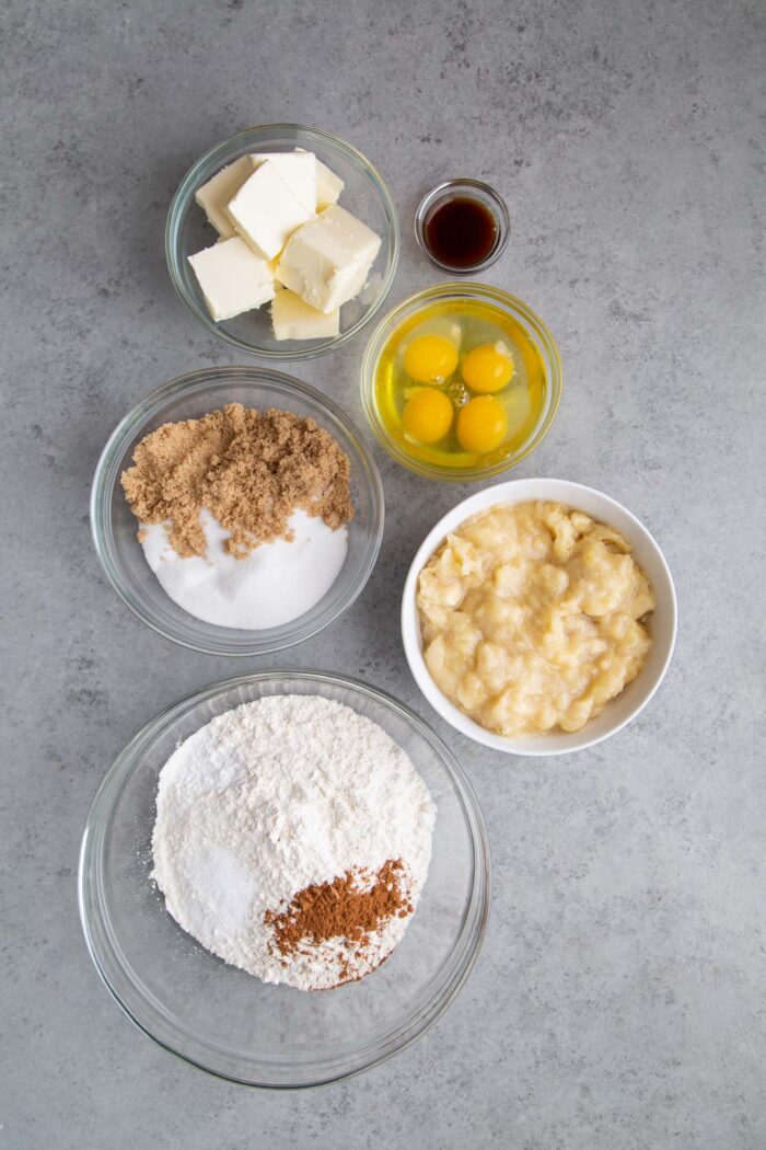 banana bundt cake ingredients overhead shot