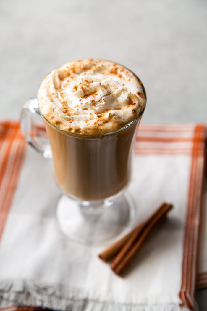 homemade cinnamon dolce latte with whipped cream.