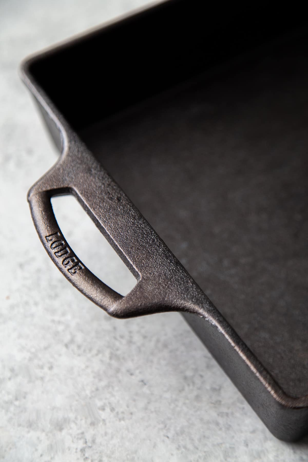 close up of Lodge cast iron 9x13-inch casserole pan