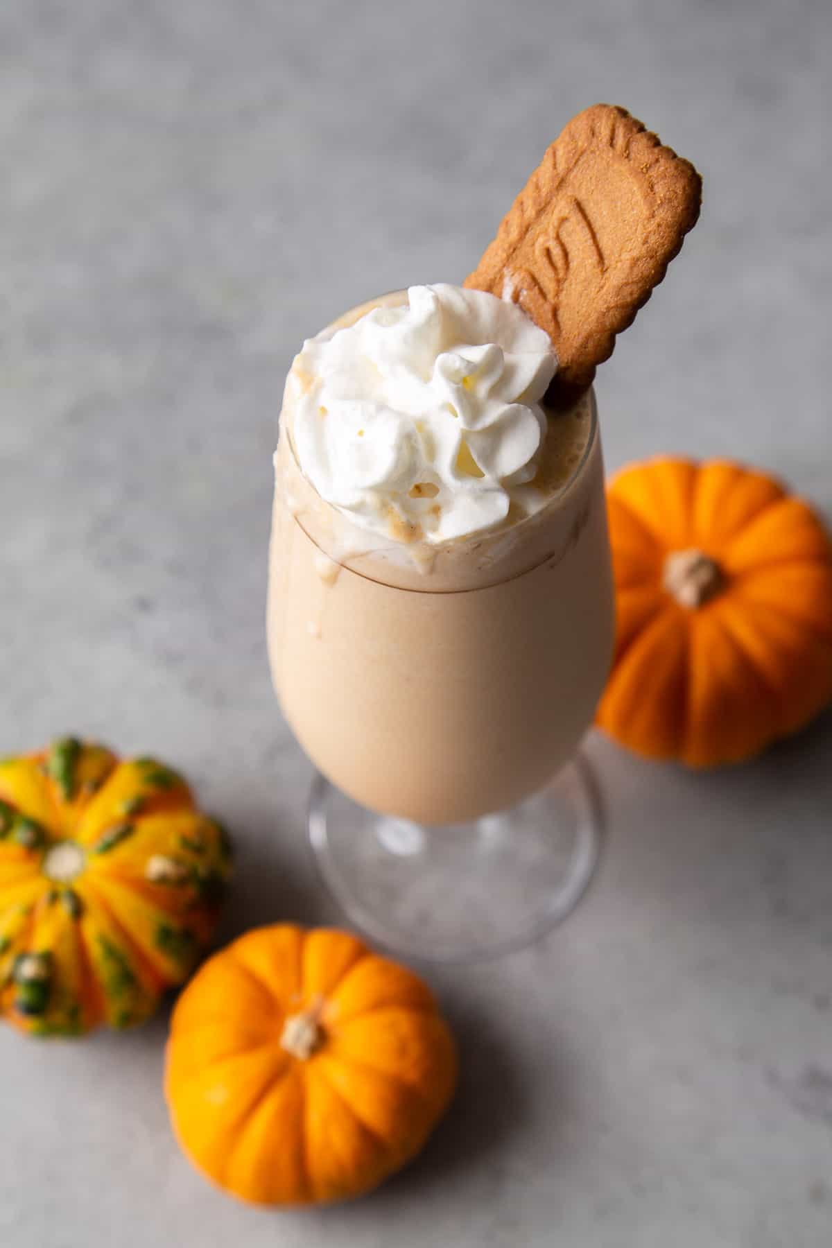 pumpkin milkshake topped with whipped cream and biscoff cookie